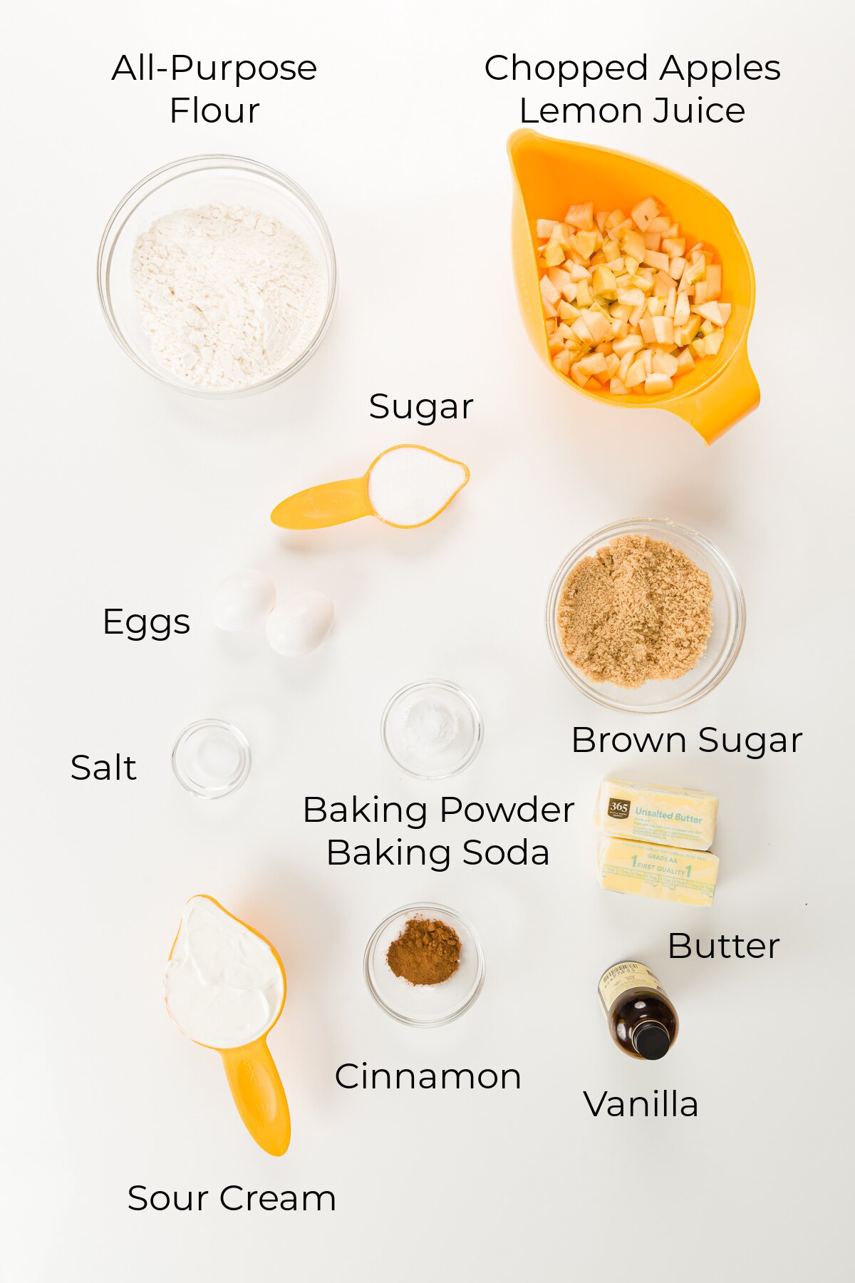 Overhead shot of apple crumb cake ingredients
