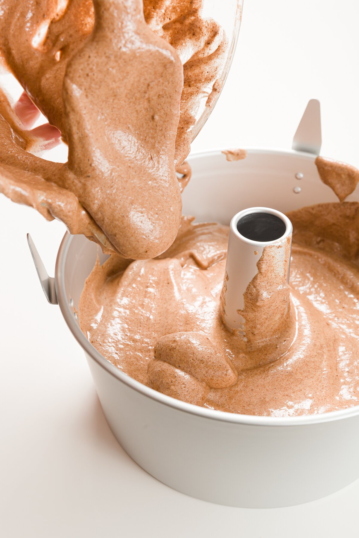 Filling angel food cake pan with batter