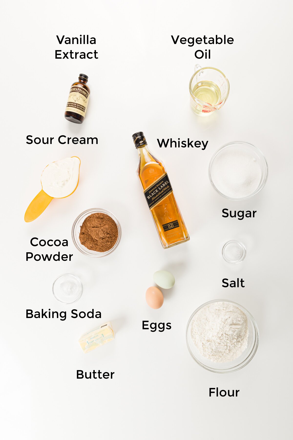 Over head photo of labelled cake ingredients