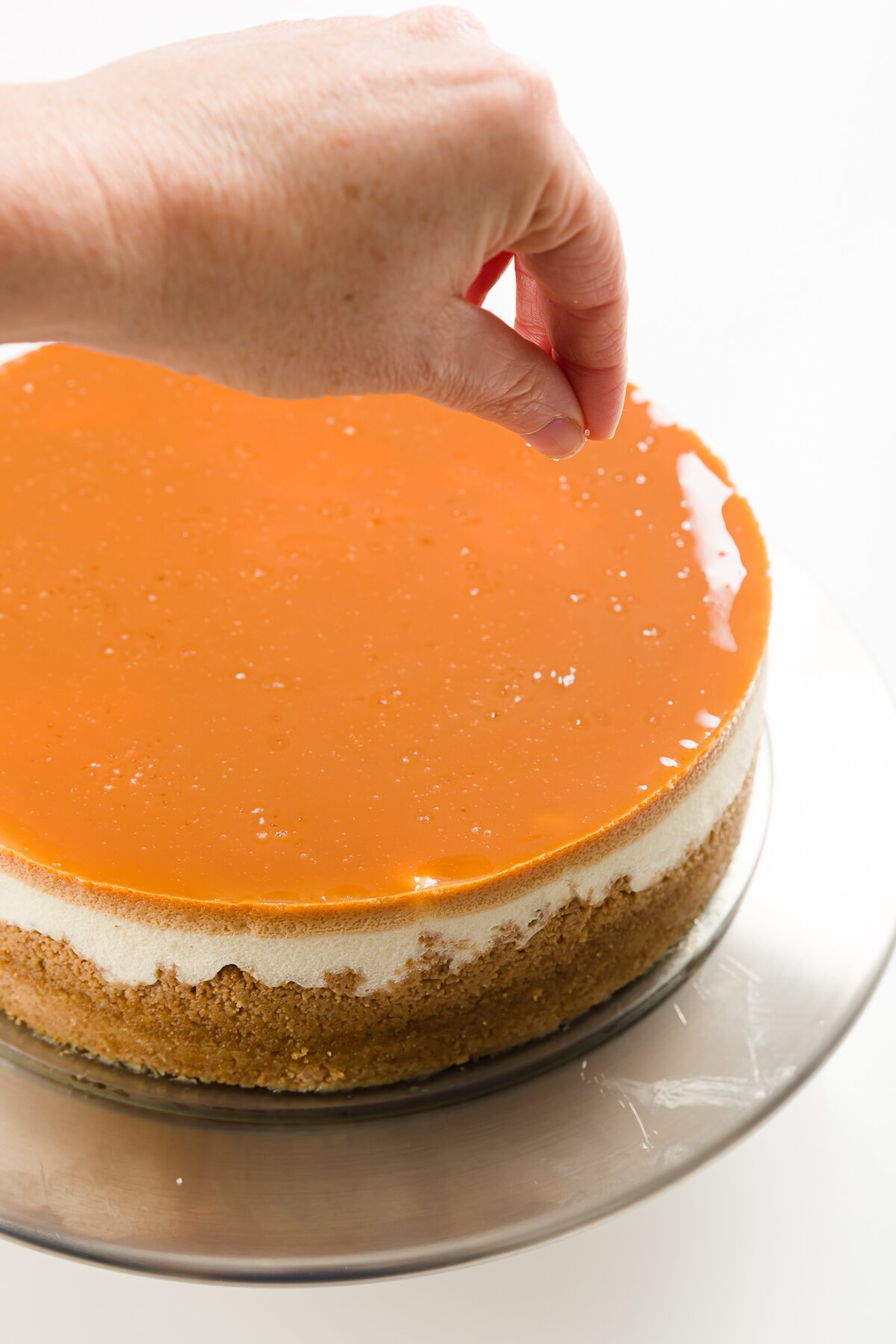 sprinkles top of dulce de leche cheesecake with salt