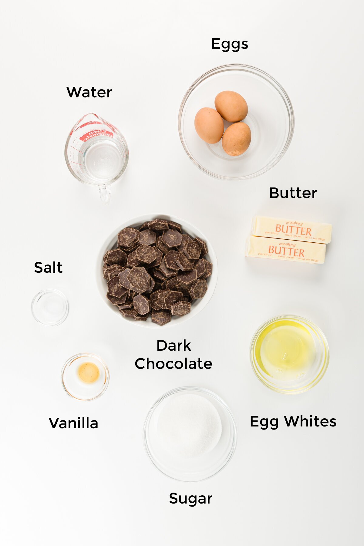 Top down labeled ingredient shot for flourless chocolate cupcakes