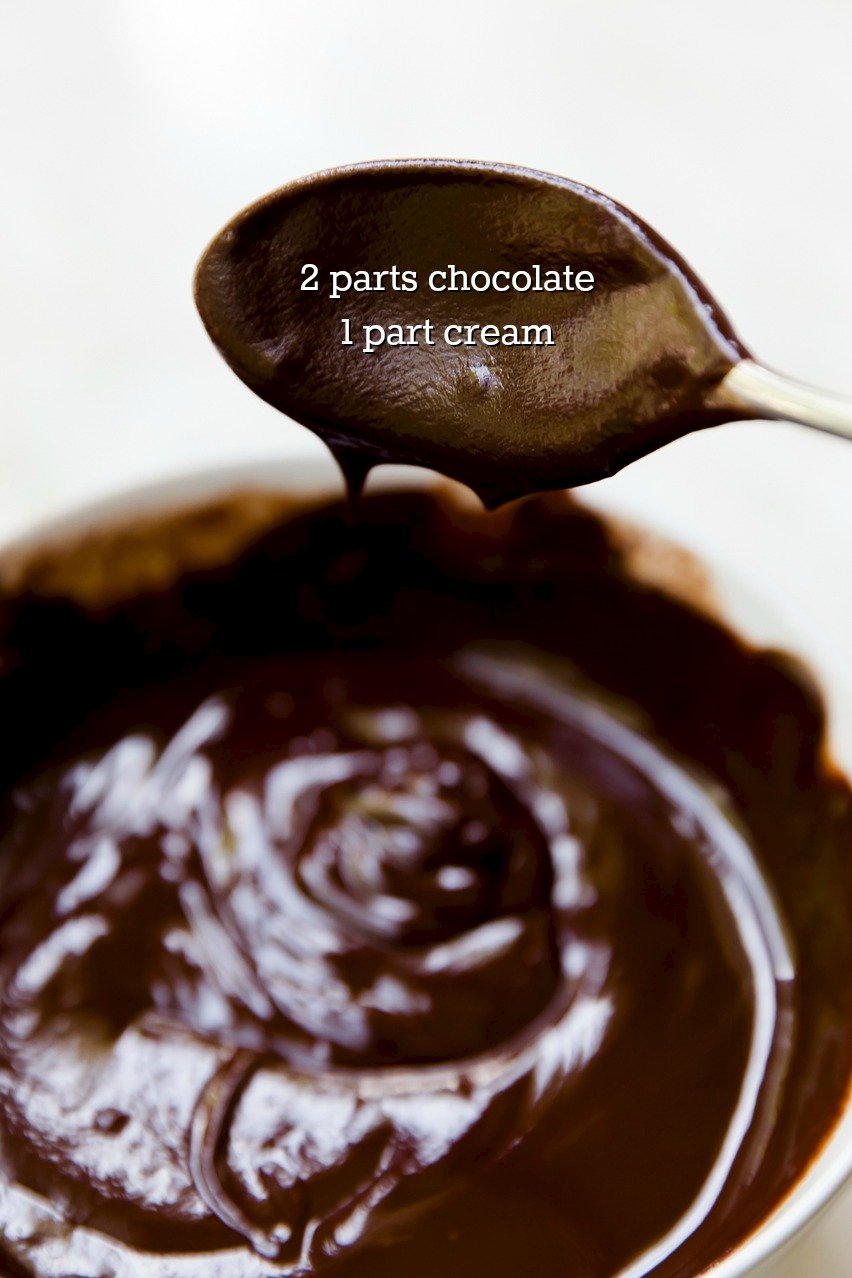 Ganache dripping off of a spoon to show the consistency of ganache made with two parts chocolate to one part cream