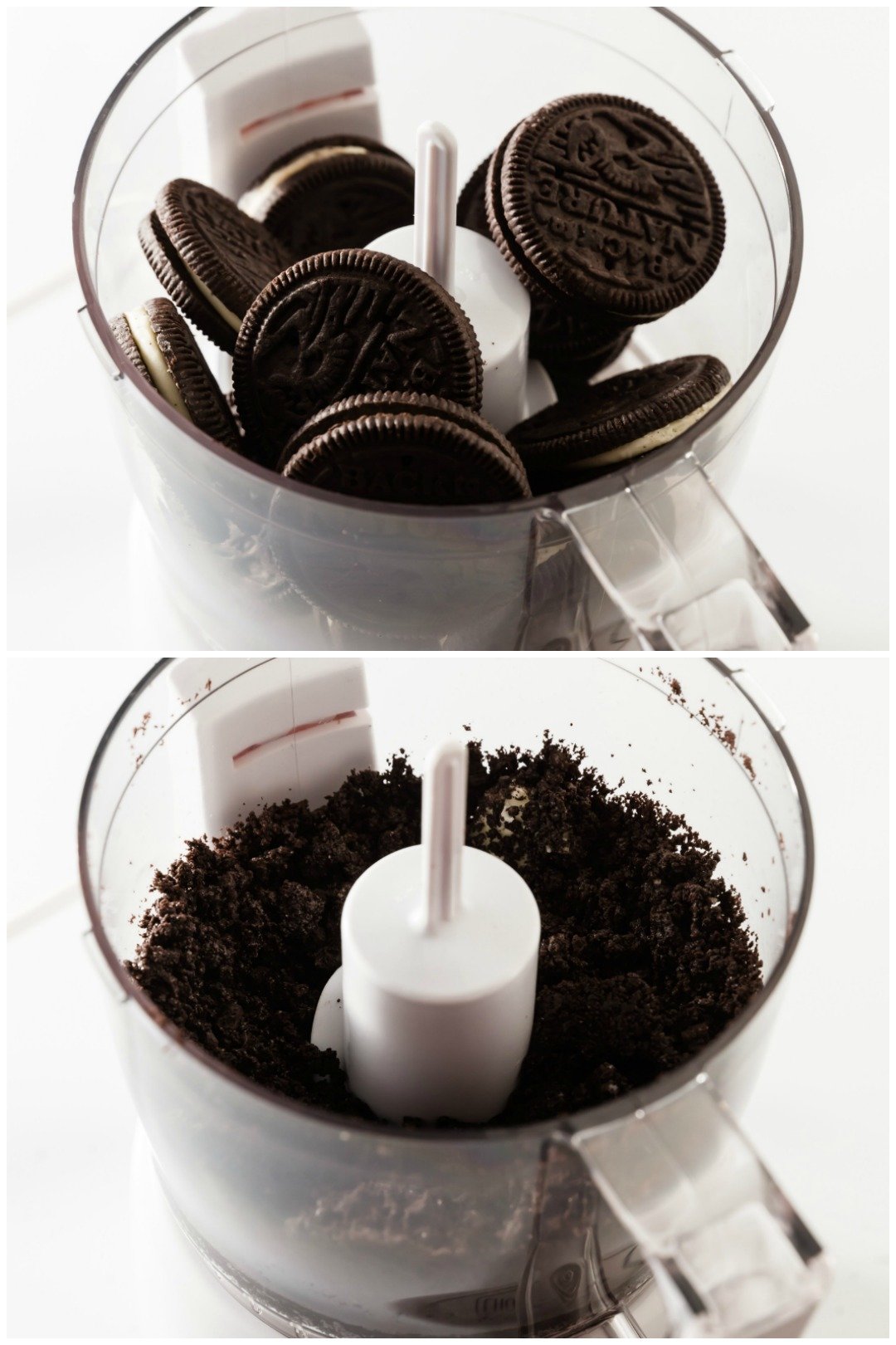 Collage with Oreos in food processor not crushed and Oreos in food processor crushed