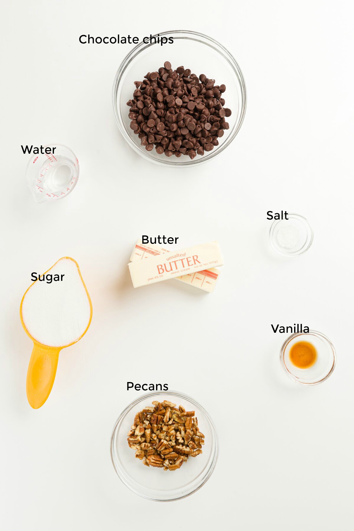 overhead shot with each toffee ingredient labeled