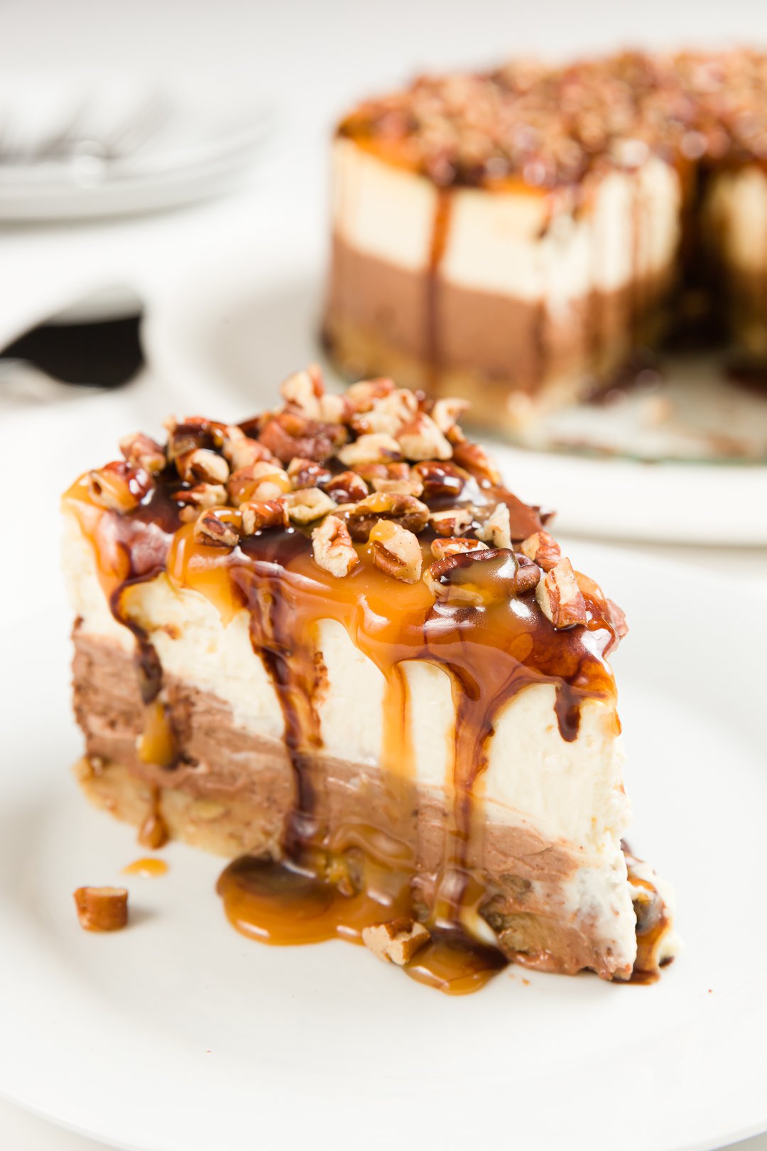 Slice of turtle cheesecake