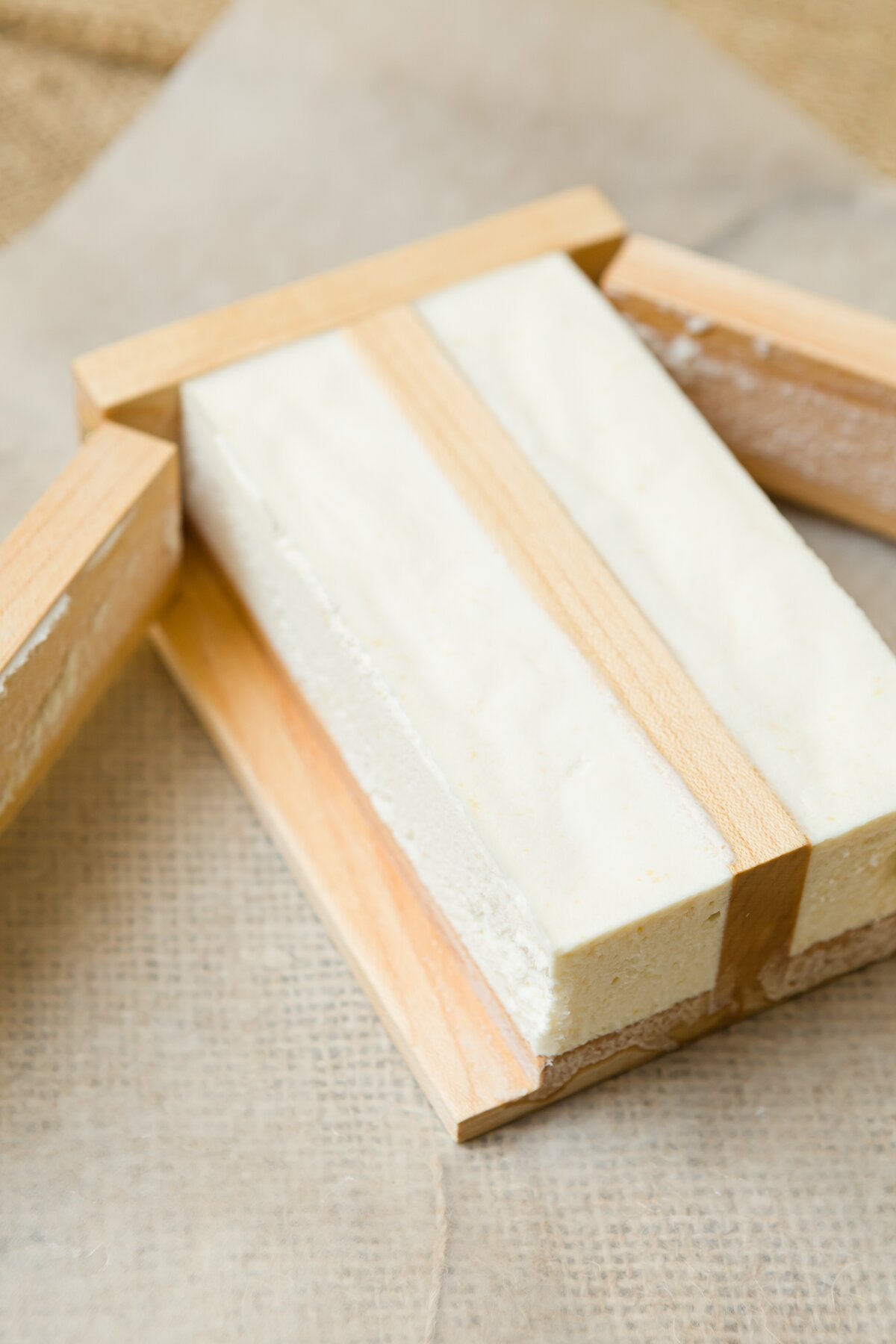 hardened vegan butter in a wooden butter mold